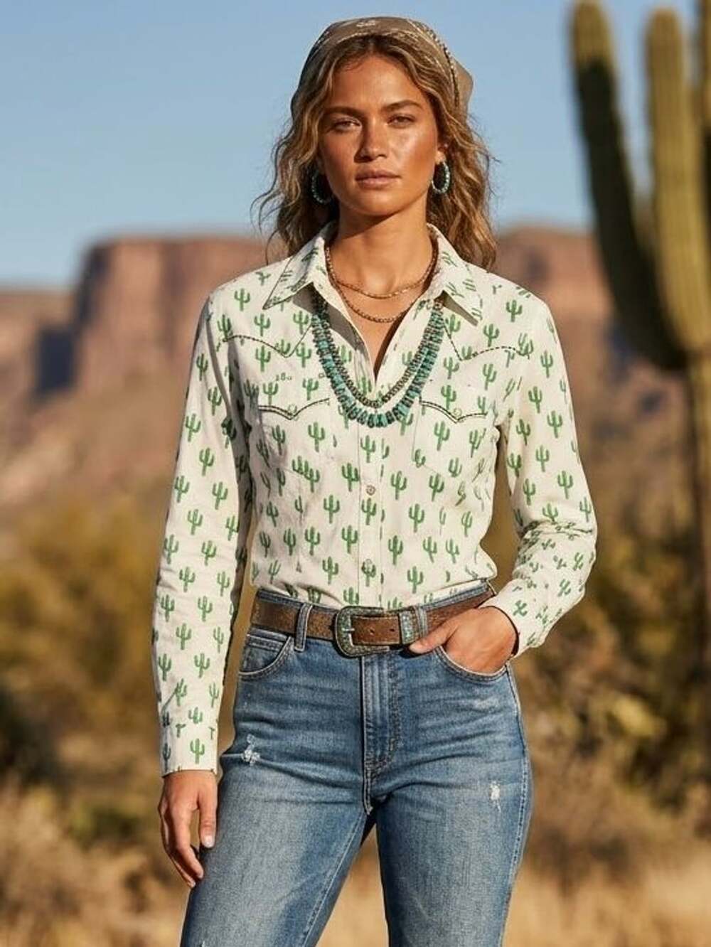 Wrangler Green Cactus Print Pearl Snap Long Sleeve Western Shirt